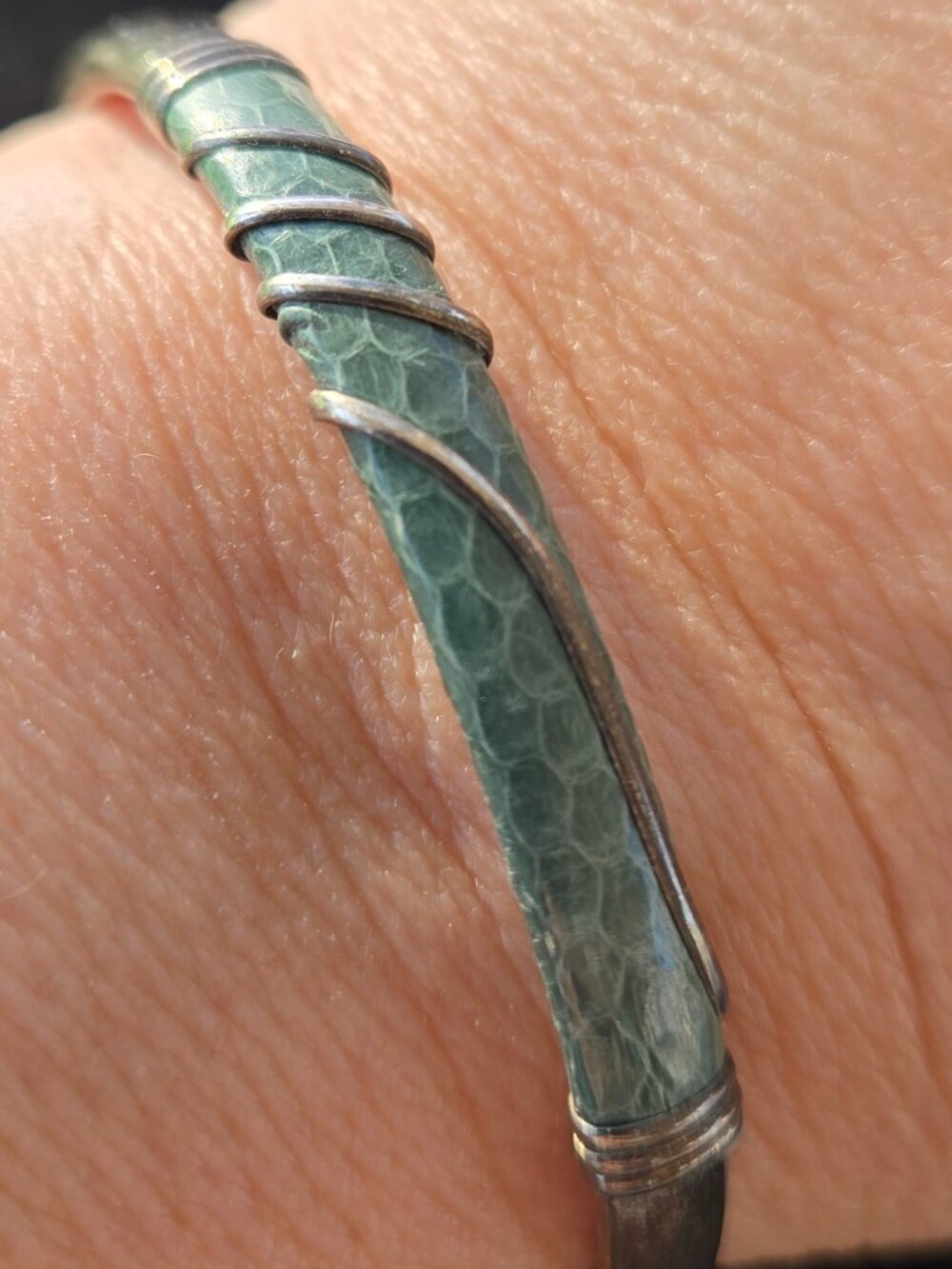 Snakeskin Leather and Wire Wrapped Silver Colored Metal Bangle Bracelet Green